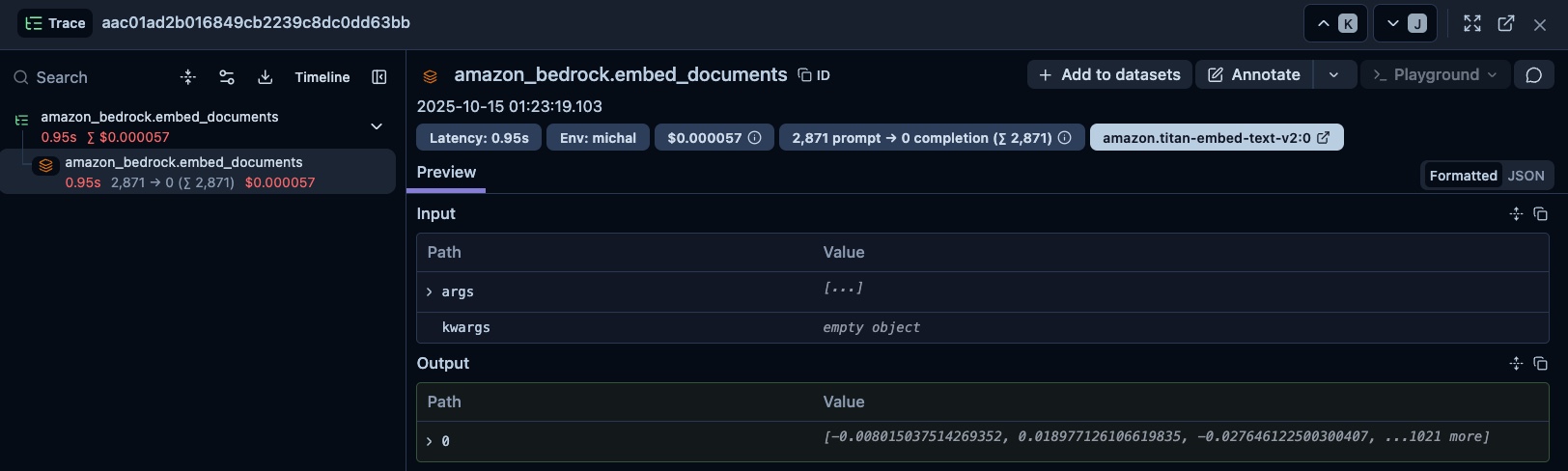 Langfuse trace showing embedding calls